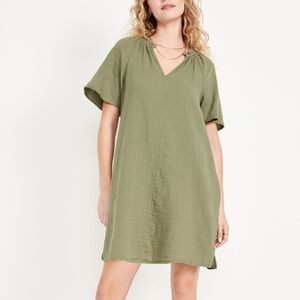 XS 100% Cotton Green Boho Split-Neck Crinkle Gauze Mini Swing Dress